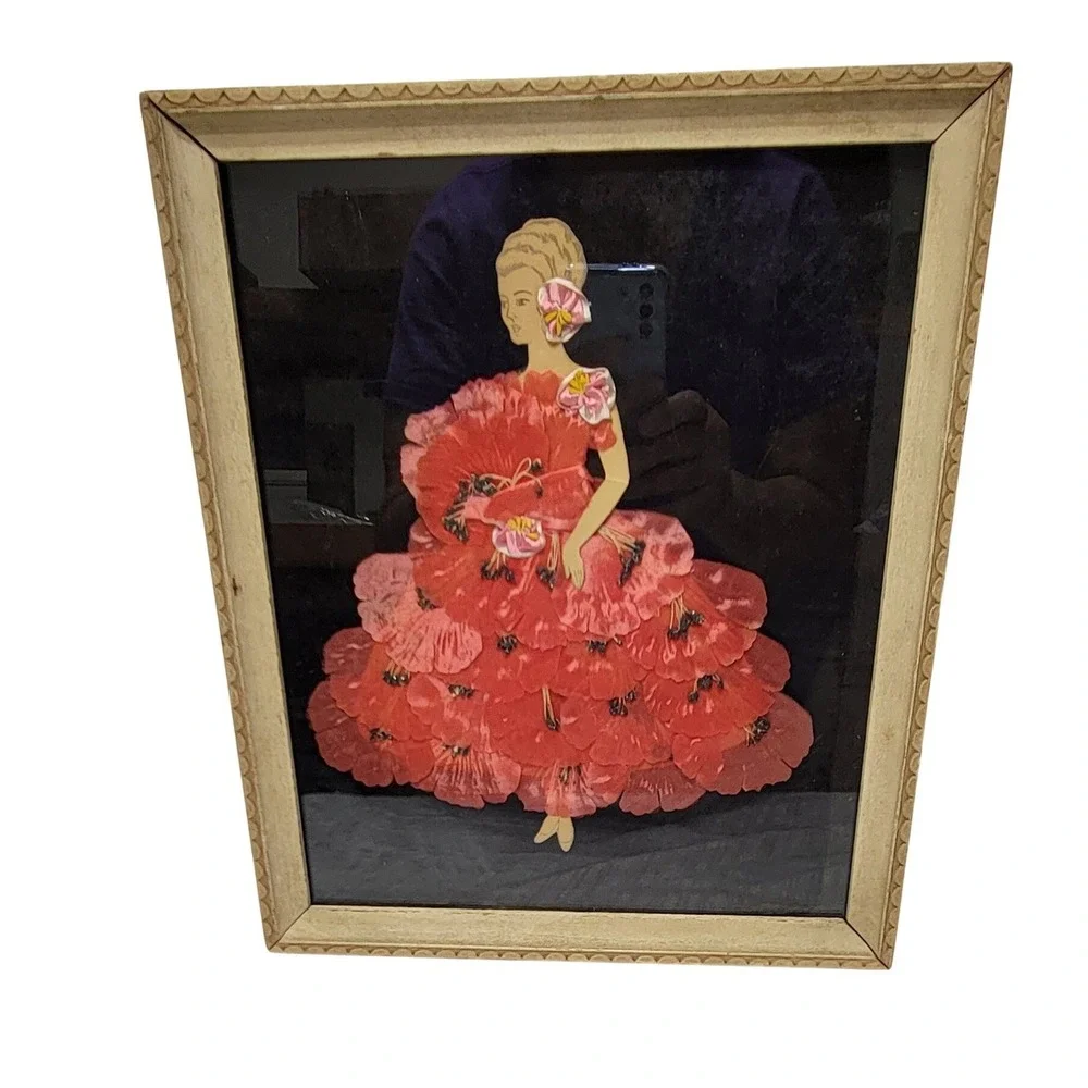 Vintage 3D Art Framed Woman Pink Red Silk Flower Dress Mid Century Decor
